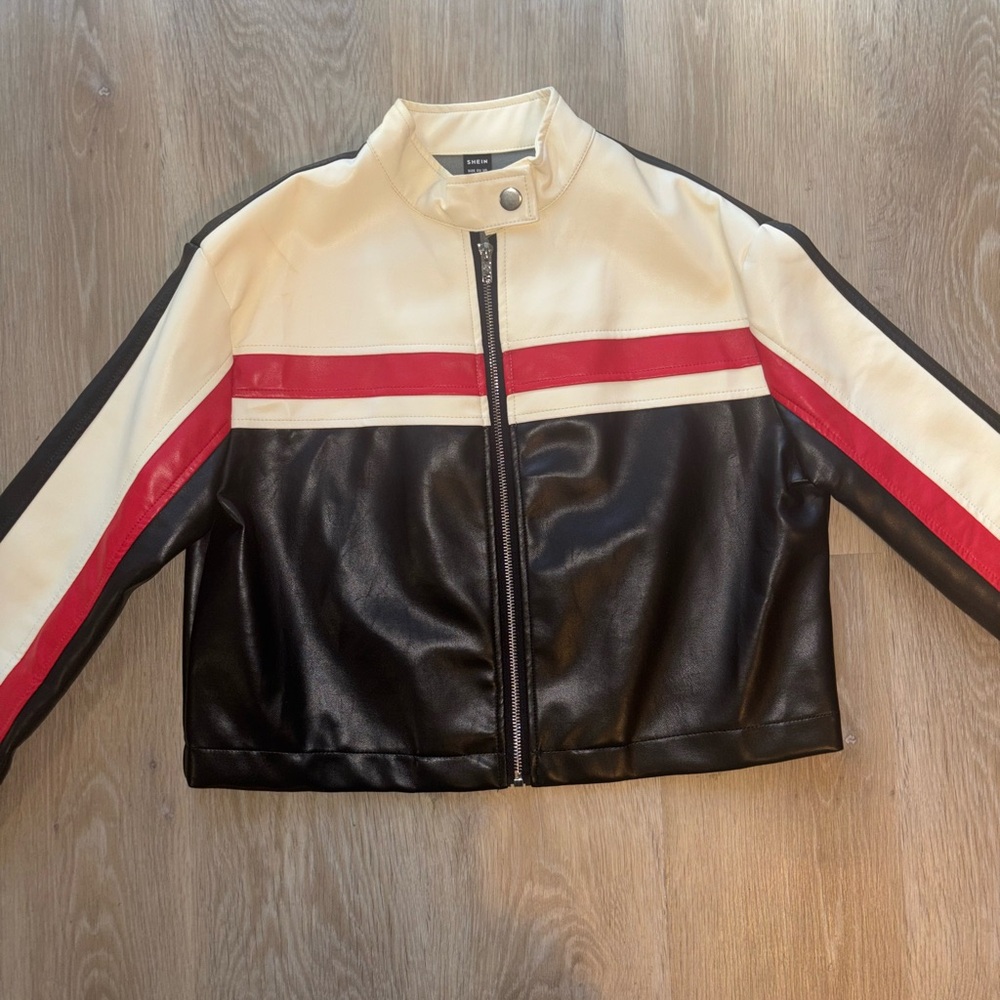 SHEIN Black and Cream Leather Jacket with Red Stripes